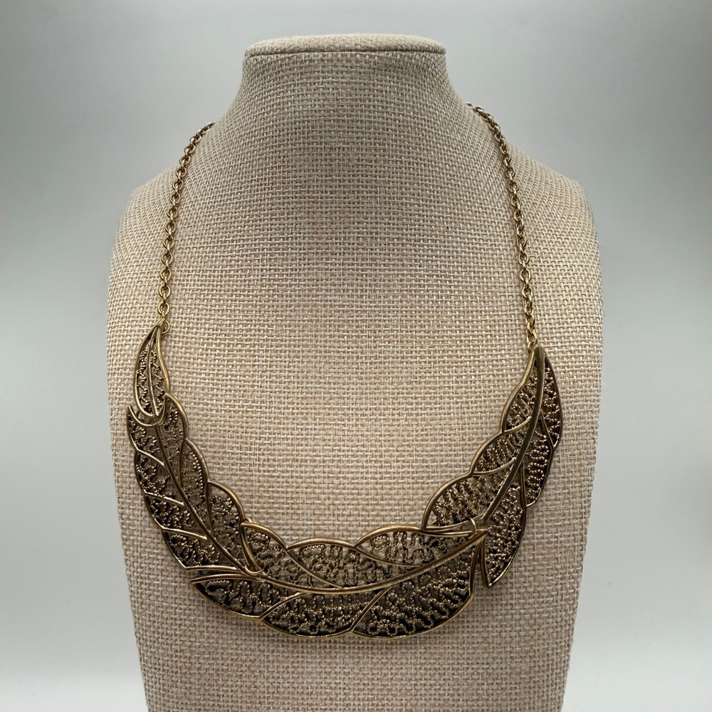 Ethereal Brass Tone Boho Witchy Fairy Filigree Leaf Statement Bib Necklace OS